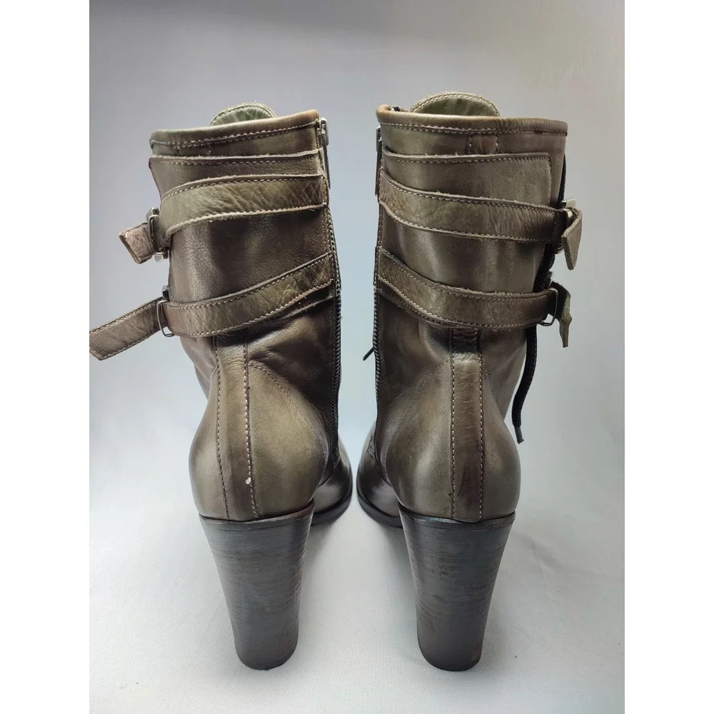 San Crispino ITALY Brown Leather Lace Up Buckle Combat Heel Boot Womens IT40 US9